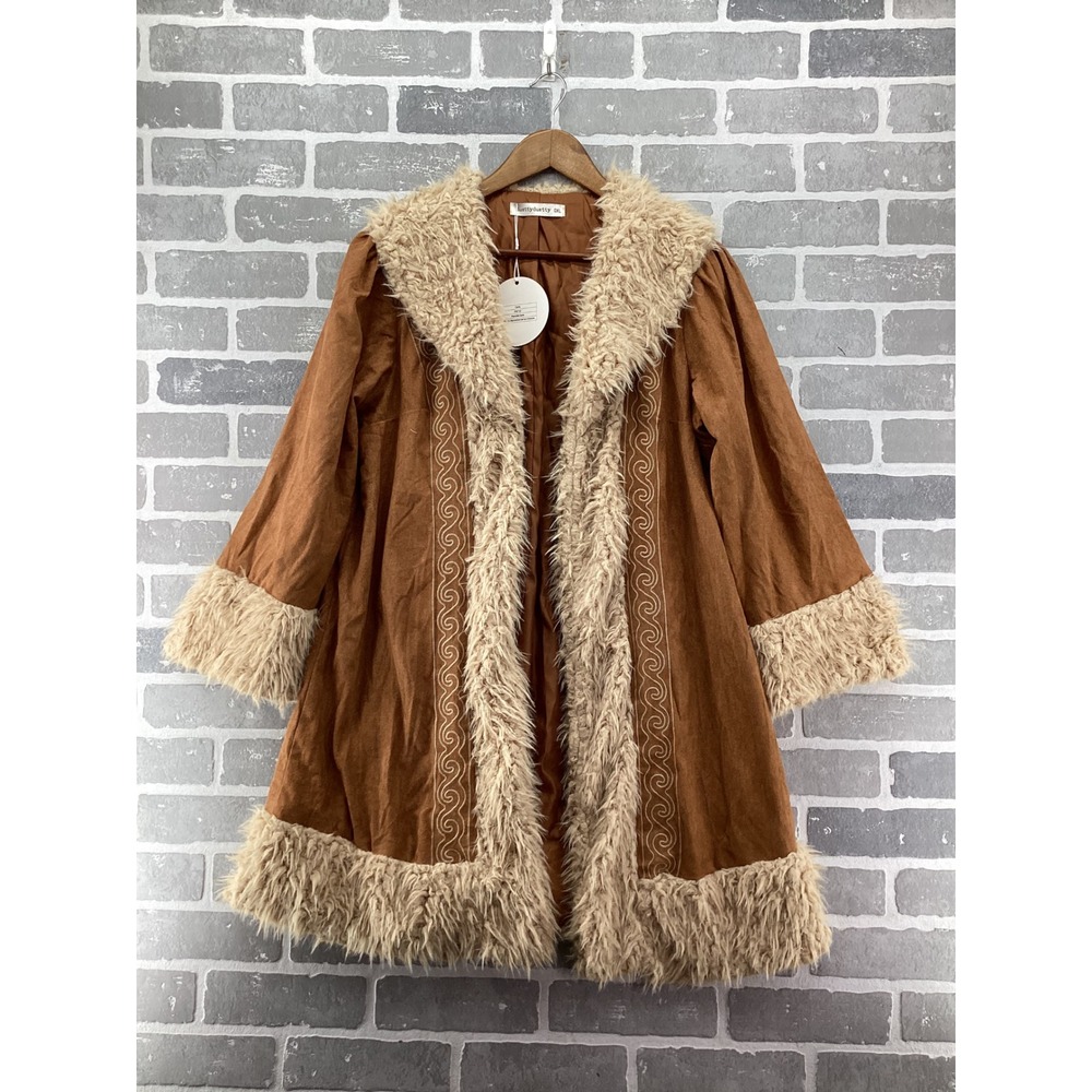 Rusttydustty Faux Suede Fur Trim Penny Lane Coat Brown Boho Embroidered 0XL NEW